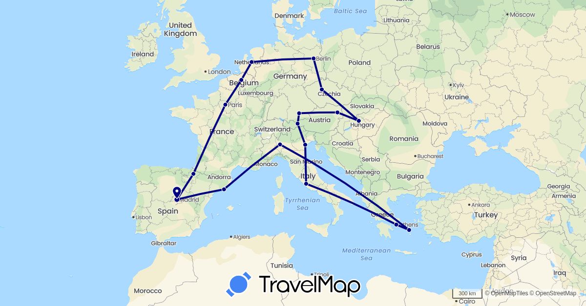 TravelMap itinerary: driving in Austria, Belgium, Czech Republic, Germany, Spain, France, Greece, Hungary, Italy, Netherlands, Vatican City (Europe)